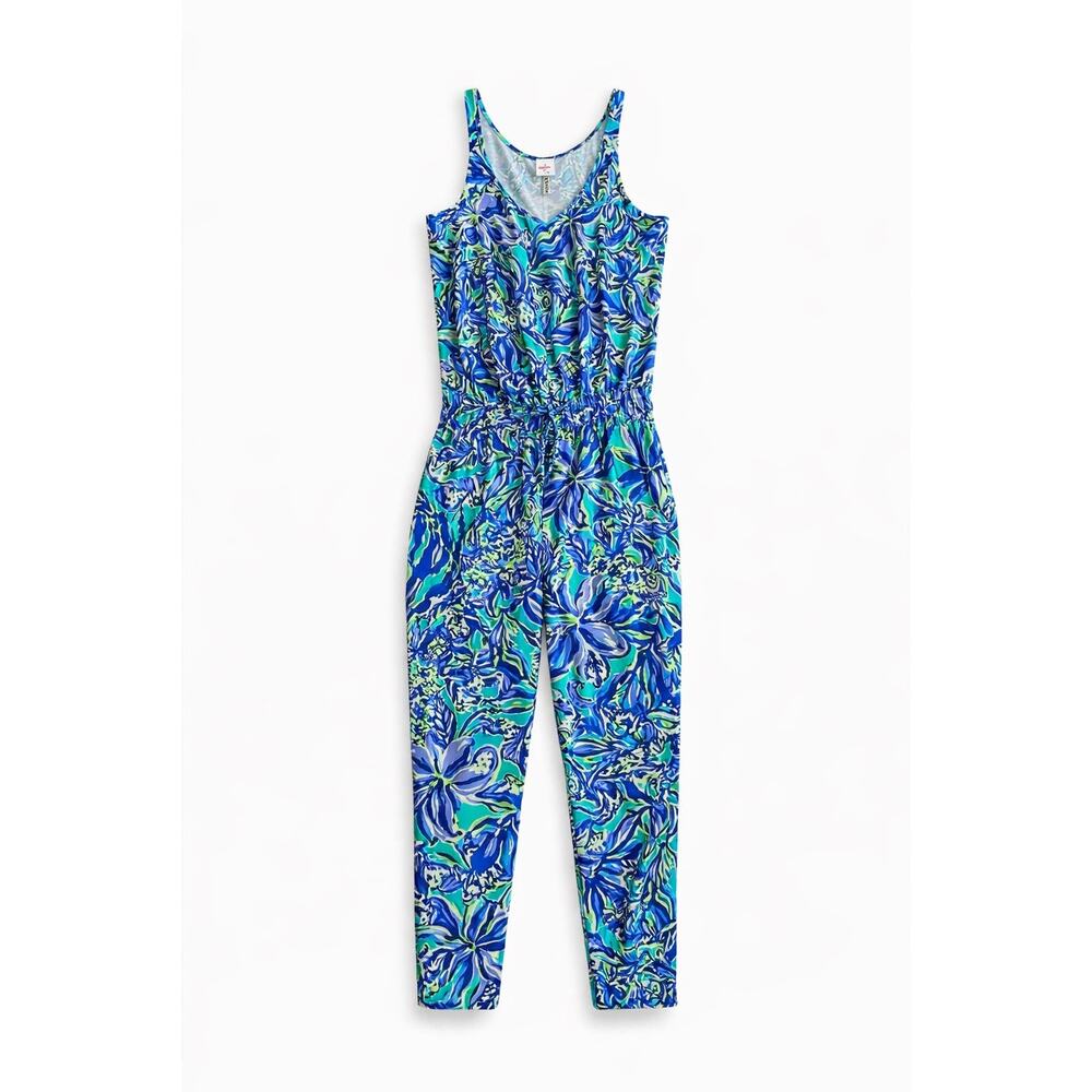 Lilly Pulitzer Blue Green Tropical Print Jumpsuit XS Sleeveless Elastic Waist